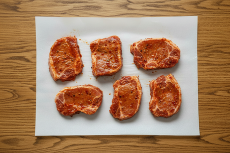 Marinuoti pikantišku kiaulienos kepsneliai ant balto popieriaus