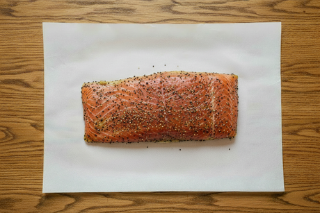 Nepjaustytas sūdytos lašišos gabalas ant balto popieriaus