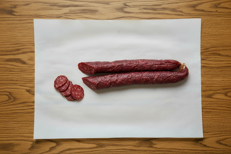 Vytinta jautienos dešra ant balto popieriaus